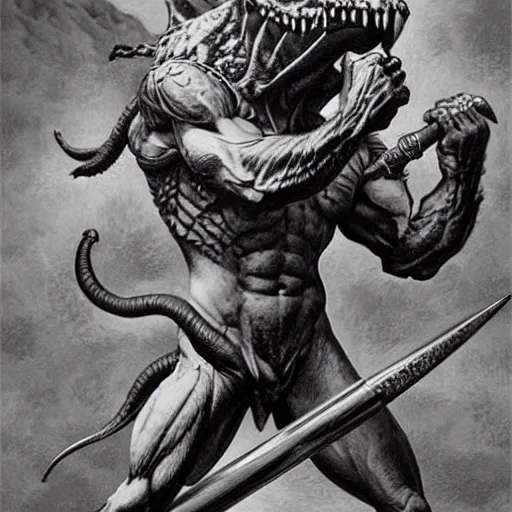 Prompt: dog-faced muscular goblin, ugly face, lizard tail, holding scimitar made of bone, hyper-detailed, primeval fantasy, prehistoric fantasy, drawn by Frank Frazetta