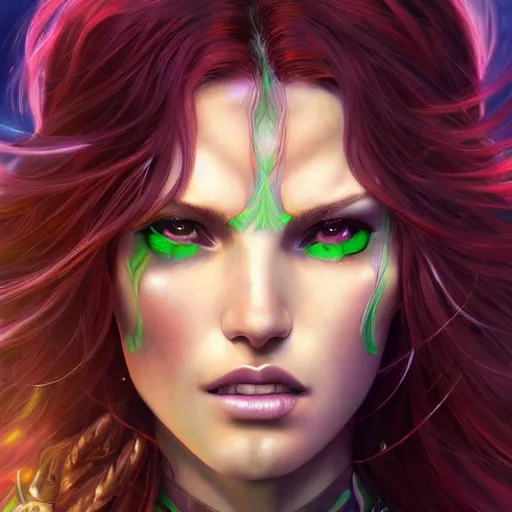 Image similar to ultra realistic illustration, bella thorne as starfire anime with glowing green eyes, intricate, elegant, highly detailed, digital painting, artstation, concept art, smooth, sharp focus, illustration, art by artgerm and greg rutkowski and alphonse mucha