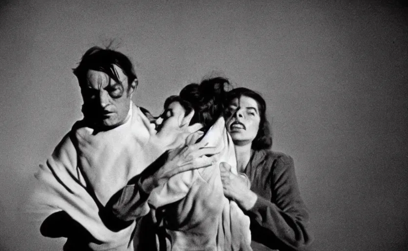 Image similar to ecstasy and metamorphosis, still from an old surrealist black and white movie directed by Jan Svankmajer, Béla Tarr, Ingrid Bergman and Robert Wiene. Dark background, dramatic lighting, detailed, cinematic