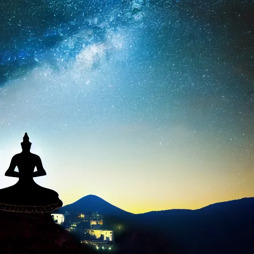 Image similar to Film still of silhouette of indian statue, sukhasana, starry sky, flying saucer, with radiating hill, full shot