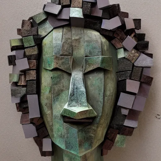 Prompt: abstract, sculpture made of various materials from rainforest of face of artificial intellicgence