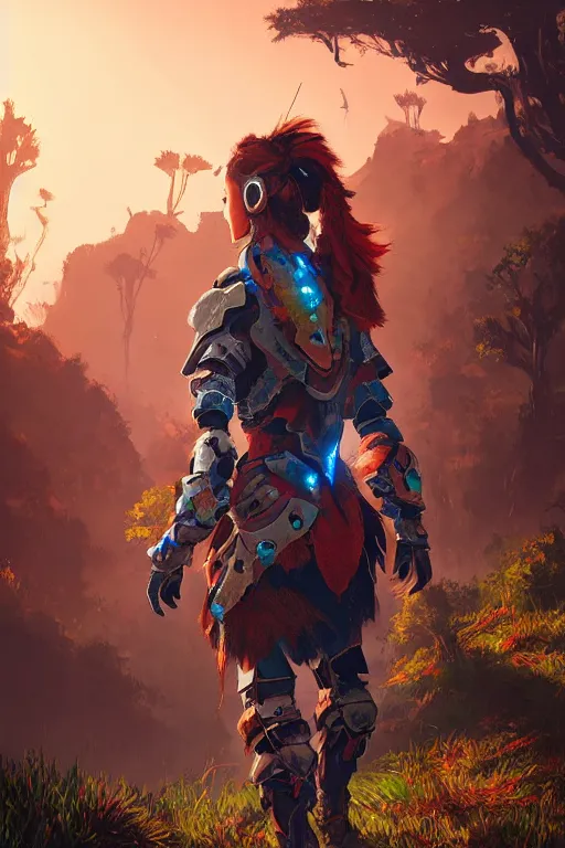 Image similar to combination suit armor aloy horizon forbidden west horizon zero dawn radiating a glowing aura global illumination ray tracing hdr fanart arstation by ian pesty and alena aenami artworks in 4 k tribal robot ninja mask helmet backpack