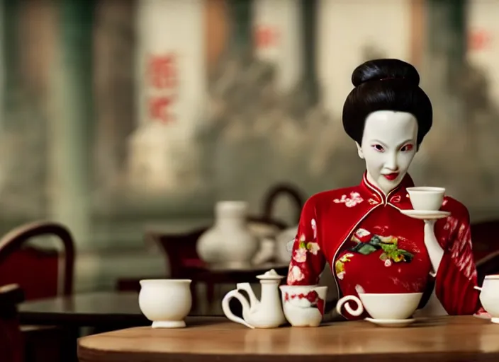 Prompt: movie still of a beautiful woman made out of porcelain sitting at a table in a cafe, wearing a red cheongsam, smooth white skin, creepy, single tea cup in foreground, directed by Guillermo Del Toro