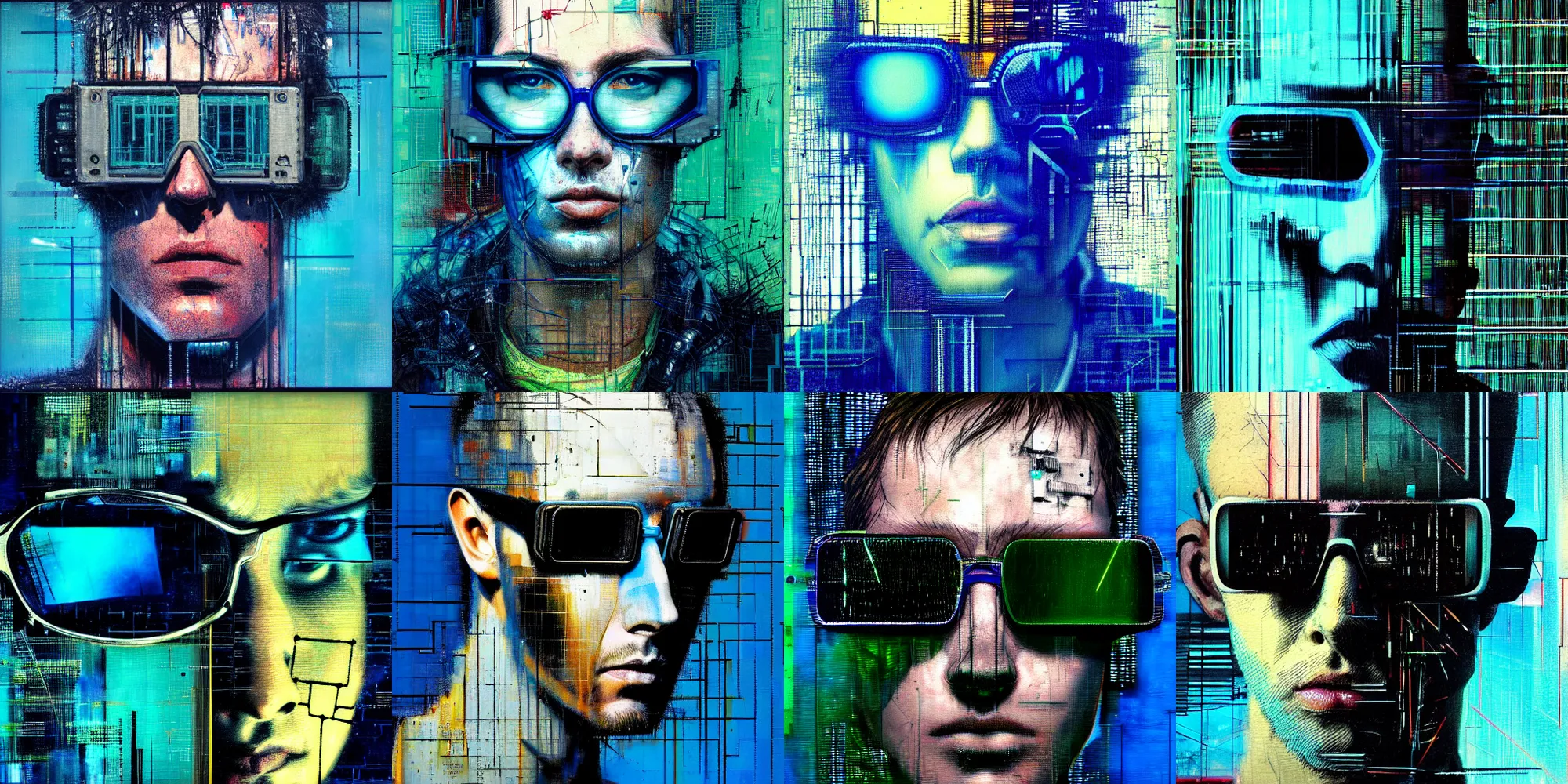 Prompt: hyperrealistic portrait of a cyberpunk character, by Guy Denning, Johannes Itten, Russ Mills, glitch art, glitch eyes, hacking effects, glitch effects, digital tech effects, cybernetics, mirror sunglasses, detailed lines, chromatic, color blocking, oil on canvas, highly detailed, close up, front view, symmetrical, octane, concept art, abstract, blue and black, 8k, cinematic, trending on artstation