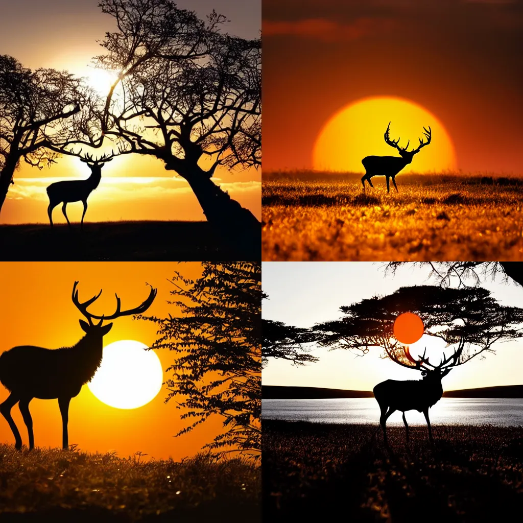 Prompt: a stag silhouetted against the setting sun, a macro photograph by malcolm morley, shutterstock contest winner, dau - al - set, backlight, majestic, creative commons attribution