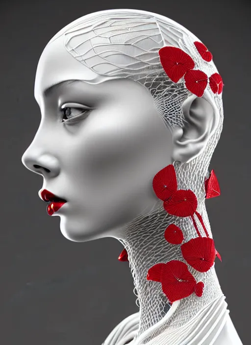 Image similar to complex 3d render ultra detailed of a beautiful porcelain profile young woman face, biomechanical cyborg, 200 mm lens, beautiful studio soft light, rim light, silver white gold red details, magnolia big leaves achromatic and stems, roots, fine foliage lace, mesh wire, Alexander Mcqueen high fashion haute couture, art nouveau fashion embroidered, intricate details, hyper realistic, ultra detailed, mandelbrot fractal, anatomical, facial muscles, cable wires, microchip, elegant, octane render, H.R. Giger style, volumetric lighting, 8k post-production, trending on Artstation