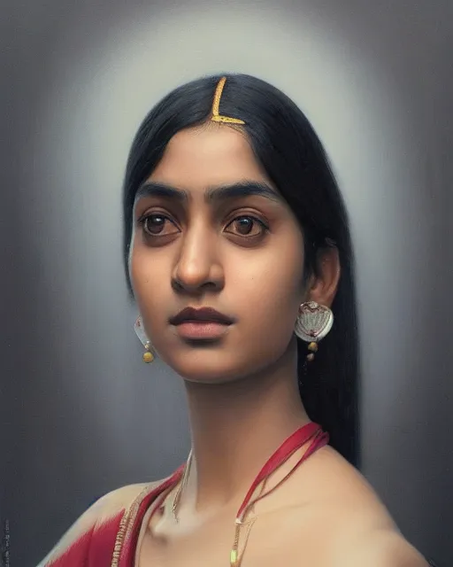 Prompt: a highly realistic, true to life portrait of a young indian woman, sharp focus, by ilya kuvshinov, by wlop, by tom bagshaw, trending on artstation, cinematic lighting, hyper realism, octane render, 8 k, hyper detailed.