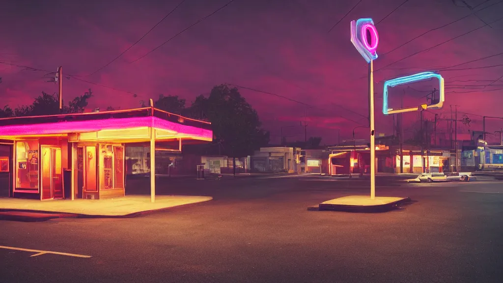 Image similar to an empty parking lout outside an abandoned retro diner at night, by lee madgwick, pink and orange neon lights, highly detailed, photorealistic, artstation trending, cryengine 8 k uhd