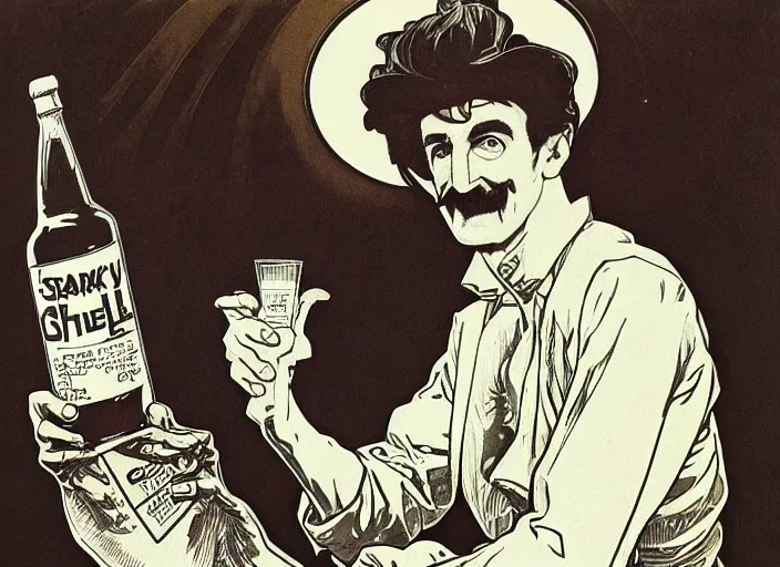 Prompt: barry chuckle drinking a bottle of snake oil, snake oil advertisement from 1 9 8 8, artwork by alphonse mucha and richard corben, 3 d, high resolution 8 k