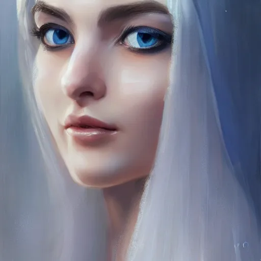 Image similar to ameera al taweel, bright blue eyes, long wavy white hair, white veil, front closeup, highly detailed, centered, oil painting, artstation, concept art by WLOP