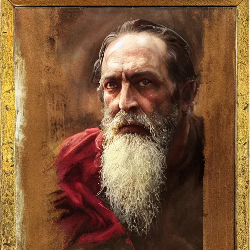 Image similar to Solomon Joseph Solomon and Richard Schmid and Jeremy Lipking victorian genre painting portrait painting of a old rugged movie actor medieval knight character in fantasy costume, red background