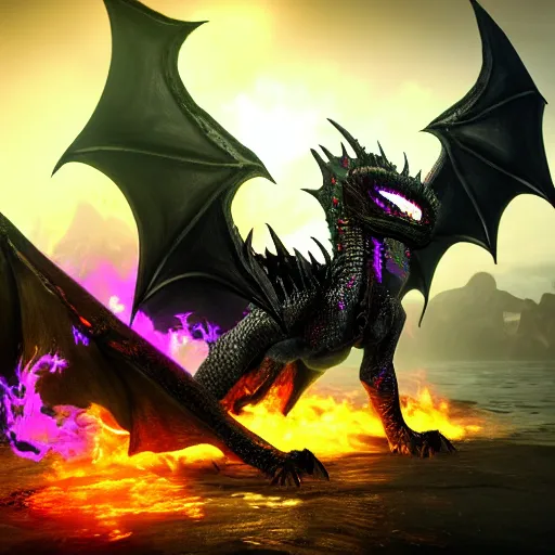 Image similar to Portrait of the black dragon Alduin breathing a rainbow-colored fire. 4k. Concept art. High detail. Unreal engine.