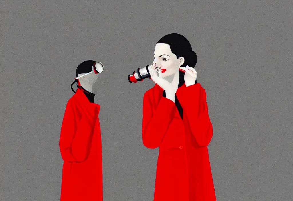 Image similar to young european woman in a long red coat peering through binoculars, portait, in the style of wes anderson, rene magritte, lola dupre, david hockney, isolated on white background, dark monochrome neon spraypaint accents octane render