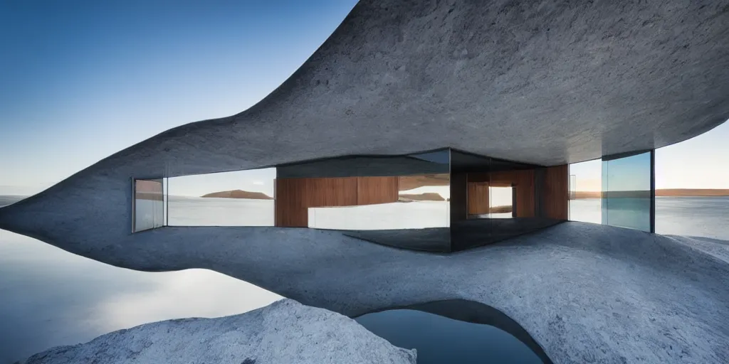 Prompt: futuristic architect house made from deconstucted ash wood and mirrors, floating, portal, refraction, iceberg, polar bear, iceland landscape photography, by lurie belegurschi and gunnar freyr