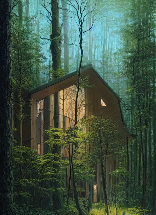 Image similar to hyper realistic witchy modern house with mood lighting and tech in the woods gorgeous lighting, sunbeams blue sky, highly detailed, lush forest foliage painting by zdzisław beksinski and norman rockwell and greg rutkowski weta studio, and lucasfilm