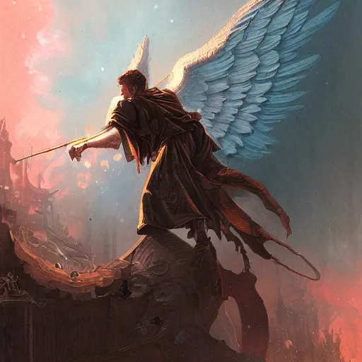 Image similar to angel protecting man, detailed intricate ink illustration, happy atmosphere, detailed illustration, hd, 4k, digital art, overdetailed art, by greg rutkowski, by loish, complementing colors, Trending on artstation, movie poster style