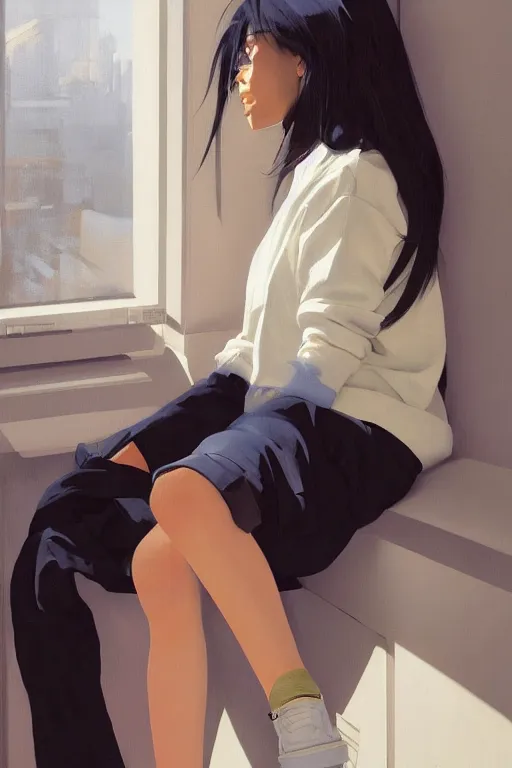 Image similar to A ultradetailed beautiful panting of a stylish woman sitting next to a window, she is wearing streetwear, Oil painting, by Ilya Kuvshinov, Greg Rutkowski and Makoto Shinkai