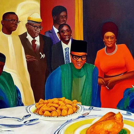 Prompt: president muhammadu buhari sitted at a lavish banquet with a large bastion of chicken in the style of edward hooper and henri matisse yinka shonibare oil painting