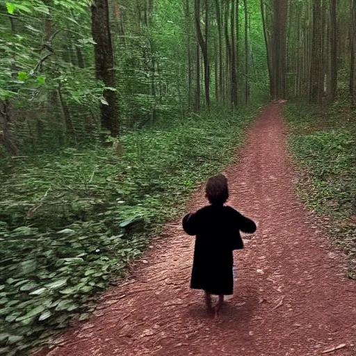Image similar to bad quality screenshot of a leaked video of a small person dressed with a full body black robe following me through a forest trail, night time, bright camera flash, camera shaking, realistic, ultrarealistic, 4 8 0 p, scary