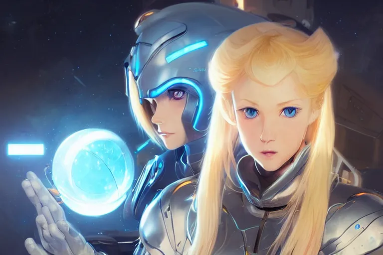 Image similar to blue eyed blonde anime girls in futuristic spacesuit, volumetric lighting, glowing lights, 4k, octane, digital painting, artstation, concept art, sharp focus, illustration, art by artgerm and greg rutkowski and alphonse mucha