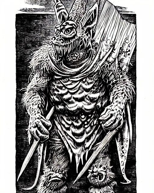 Image similar to alf as a d & d monster, pen - and - ink illustration, etching, by russ nicholson, david a trampier, larry elmore, 1 9 8 1, hq scan, intricate details, high contrast, no background