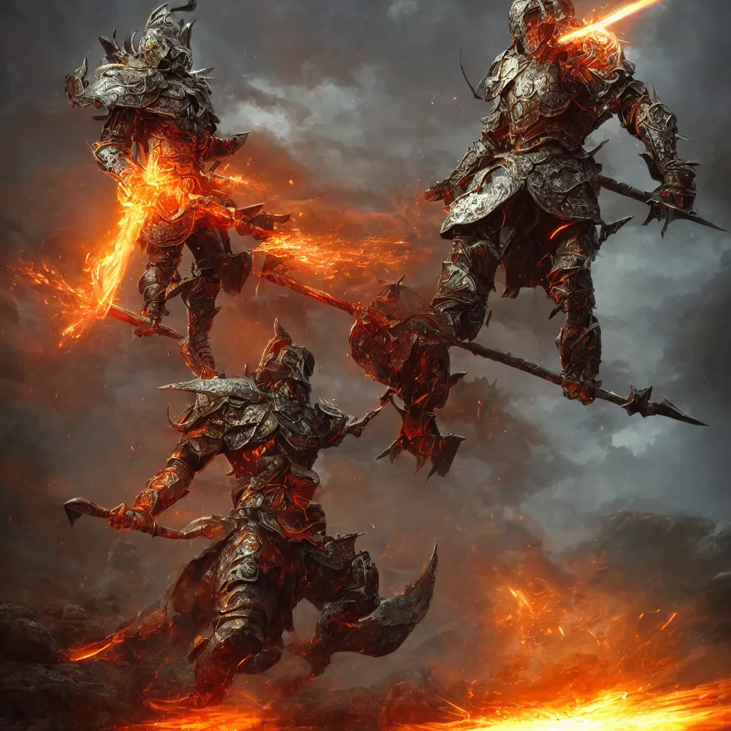 Prompt: photo full-body-shot of ONE brutal Warrior, wearing intricate steel armor, sharp focus, holding magical fiery battle-axe, magical aura, heroic pose, fantasy style, octane render, volumetric lighting, 8k high definition, by greg rutkowski, highly detailed, trending on ArtStation, magical Battlefield background, centered