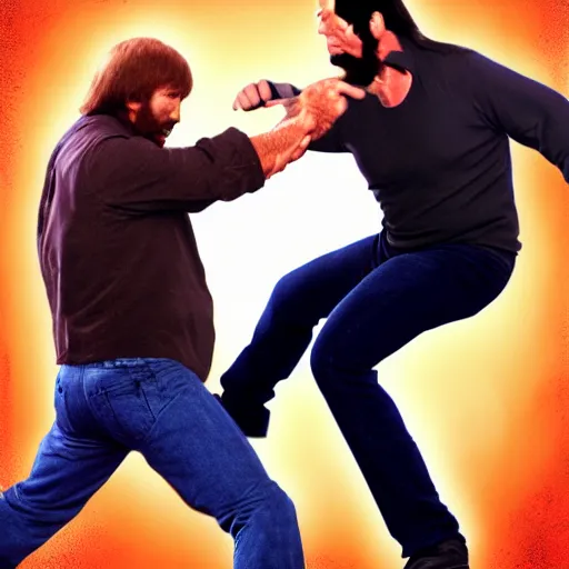 Image similar to Chuck Norris fights Steven Seagal, digital art, 4k, artstation, cgsociety, award-winning, masterpiece, stunning, beautiful, glorious, powerful