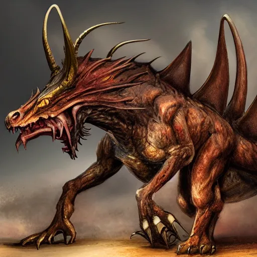 Image similar to a matte painting of a dragon, Piercing amber eyes sit low within the creature's narrow, horned skull, which gives the creature a vicious looking appearance. One enormous central horn sit atop its head, just above its enormous, curved ears. Small fan-like skin and bone structures runs down the sides of each of its jaw lines. Its nose is pointy and has two short, curved nostrils and there are small crystal growths on its chin. Several rows of large teeth poke out from the side of its mouth and give a preview of the terror hiding inside.