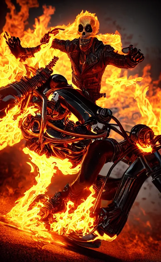 Image similar to ghost rider, highly detailed, standing, flames around body, face in focus, facing forward, smooth, sharp focus, 3D render, Octane render + unreal render, high definition, 8k, volumetric lighting