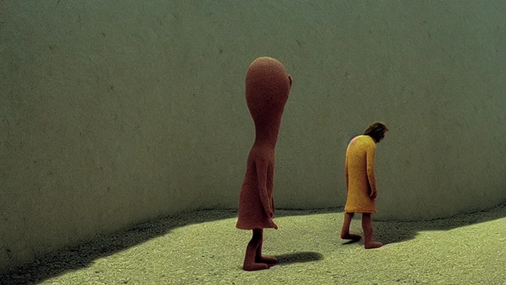 Prompt: a strange creature that walks on the wall, film still from the movie directed by Wes Anderson with art direction by Zdzisław Beksiński, wide lens