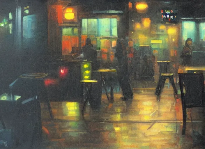 Image similar to melancholy rainy night in a cyberpunk cafe, oil on canvas