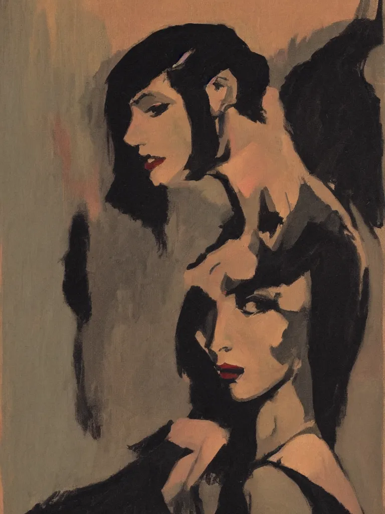 Image similar to portrait profile of one mysterious dark beautiful women in 1 9 7 8, oil painting by john watkiss