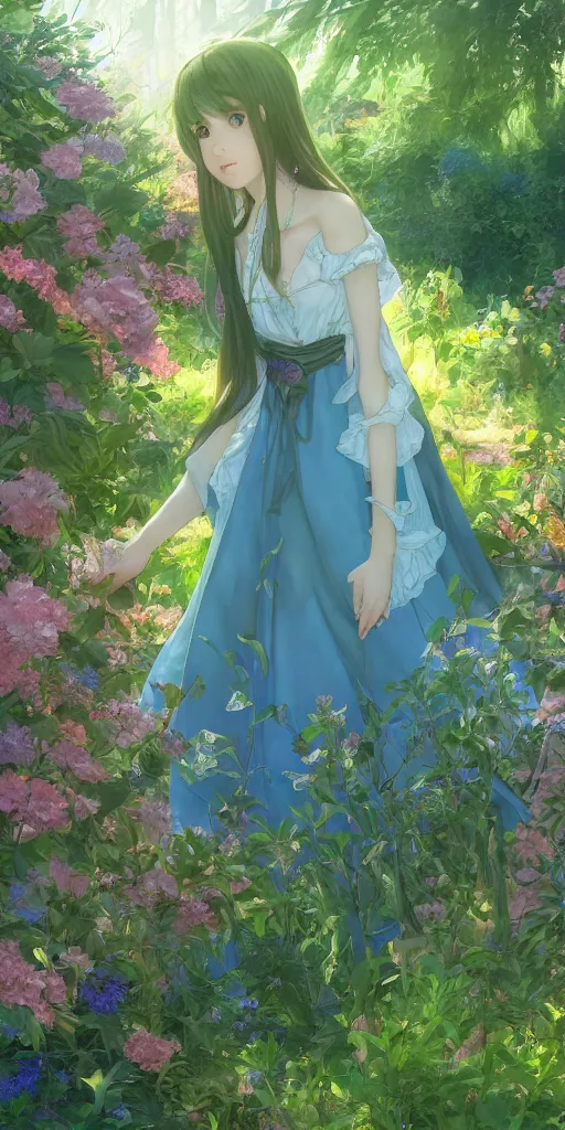 Image similar to a digital art of a loli with long hair in a dress in the privet garden at after noon, green and warm theme, mediumslateblue flowers, low angle, back lighting, by krenz cushart and mucha and akihito yoshida and greg rutkowski, highly detailed, 4 k resolution, trending on art station