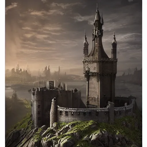 Image similar to a lonely and impossibly tall ominous palace dark citadel tower of the evil patriarch, battlements, castle wall, portcullis, on a plateau island in a river elevated high above the city, flintlock fantasy capital city, scary gothic architecture, ultrawide lense, aerial photography, unreal engine, exquisite detail, 8 k, art by greg rutkowski and alphonse mucha