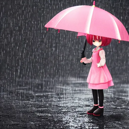 Image similar to cute fumo plush of a girl with an umbrella, heavy rain, weather vfx, vray