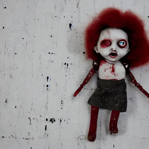 Image similar to macabre abandoned doll, blood stained, few broken hairs, one eye, terrifying