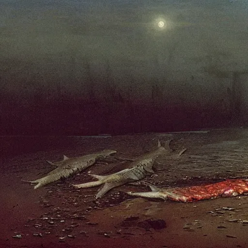 Image similar to decaying salmon on the beach after spawning, eaten by insects, by beksinski, dark vibes, 4 k, ultra realistic, highly detailed.