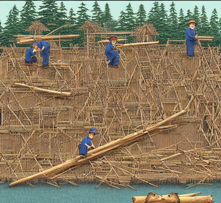 Image similar to photography hyperrealism concept art of anthropomorphic beavers builders that building city with sticks by hasui kawase