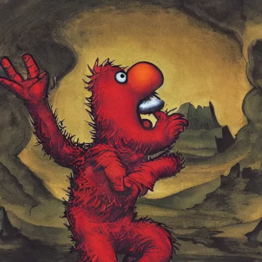 Prompt: A religious illustration of Elmo from sesame street being depicted as a kaiju destroying the city painted by Michelangelo and Rembrandt