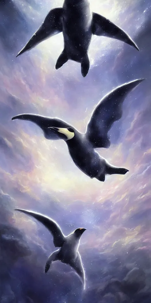 Image similar to a painting of a cosmic penguin flying through the sky, poster art by raymond swanland, deviantart, fantasy art, christian, deviantart, mystical