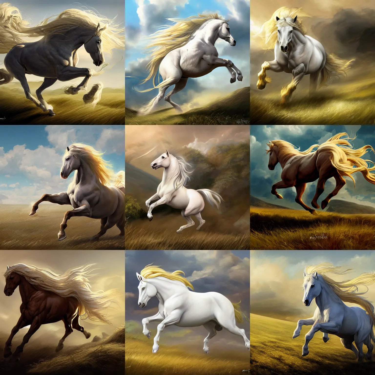 Prompt: white horse with blond mane running in field background, highly detailed, digital painting, artstation, concept art, sharp focus, illustration, aleksi briclot, frazetta
