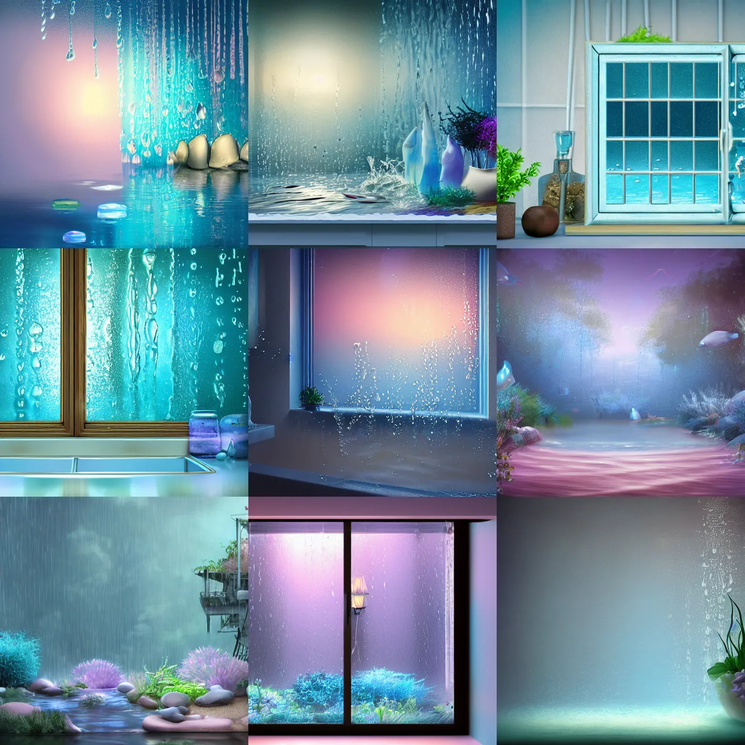 Prompt: closeup fantasy with water magic, at gentle dawn blue light, in a pastel dreamstate art style. ( computer screens, window ( rain ), sink, lamp ( ( ( fish tank ) ) ) ), ambient light.