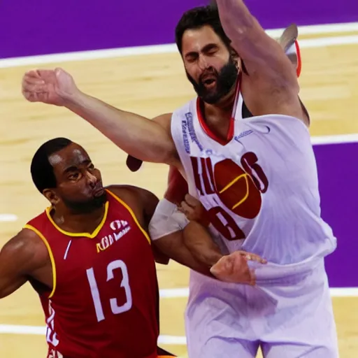 Image similar to jesus hermida blocking pedro piqueras in the nba finals.