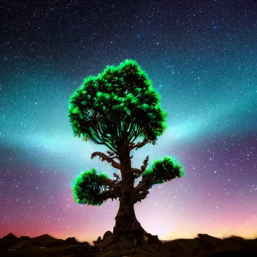 Prompt: dioptase crystal tree with a starry sky, 4 k, trending on artstation