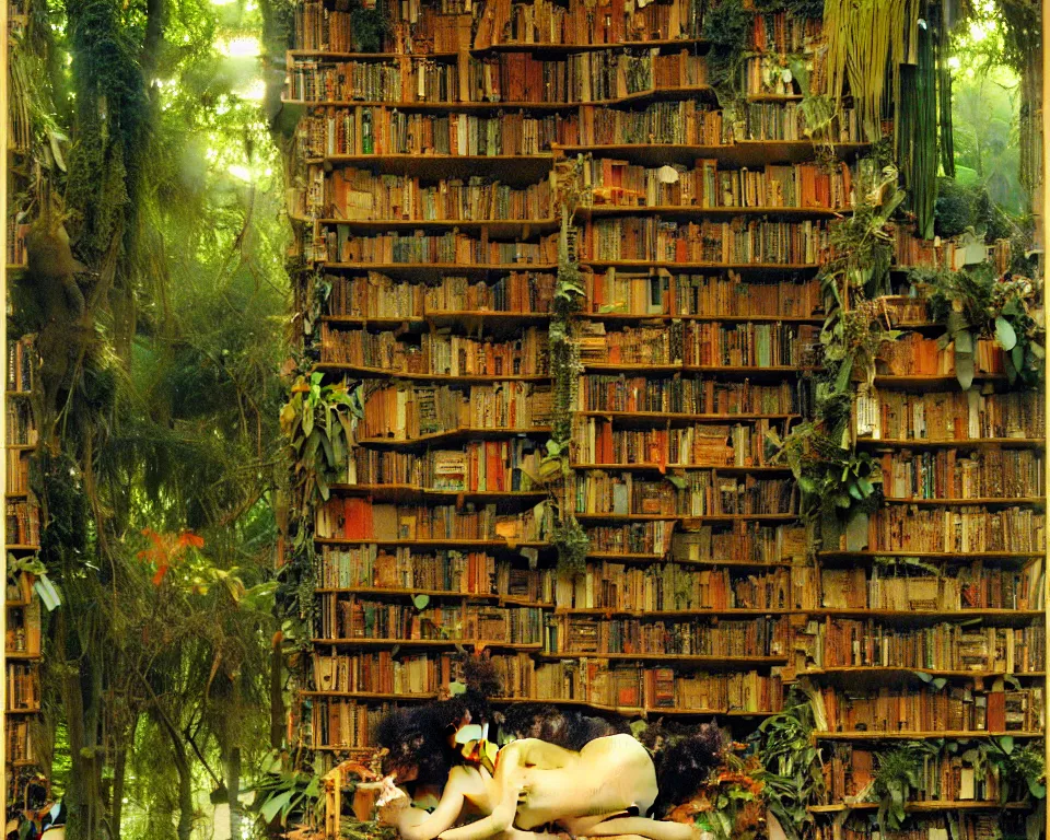 Prompt: a bookshelf in the rainforest by sir lawrence alma - tadema. hyperdetailed, proportional, romantic, enchanting, achingly beautiful, graphic print, trending on artstation, jungle, tropical, foliage