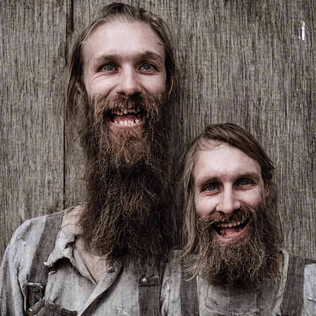 Image similar to extremely skinny malnourished redneck white male with long beard, wearing dirty overalls, dirty greasy face, grin, portrait, close up, kodak gold 2 0 0, 5 0 mm,