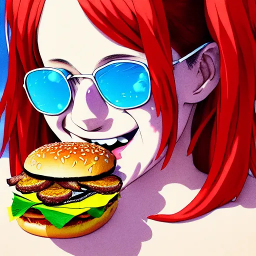 Image similar to Extremely Detailed and Full Portrait scene of Gooey Ocean scene in ink and refined sand, Red head pigtail anime woman with freckles on her face and shades on face. wearing a sundress full body smiling while eating a sloppy cheese burger. The cheeseburger is leaking red sauce all over the place by Akihito Yoshitomi AND Yoji Shinkawa AND Greg Rutkowski, Mark Arian trending on artstation