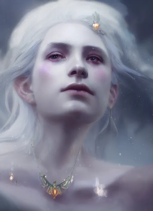 Image similar to a beautiful white haired princess, adorned with precious stone jewelry, intricate concept art, ethereal, ominous, gorgeous dark fantasy, misty, dramatic lighting, octane render, 8 k, ruan jia and jeremy mann and alphonse mucha