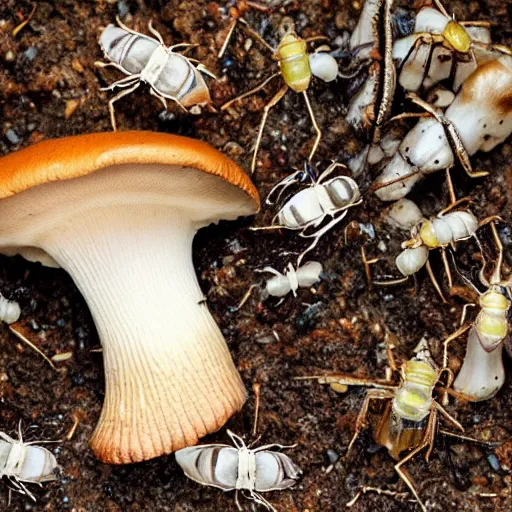 Prompt: real photo of a carnivore mushroom with some dead insects next to it