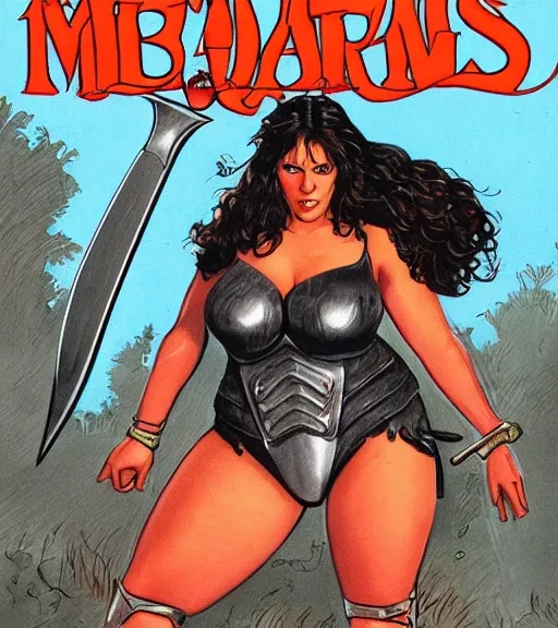 Image similar to 1 9 8 0 s fantasy novel book cover, bbw plus size amazonian rashida jones in extremely tight bikini armor wielding a cartoonishly large sword, exaggerated body features, dark and smoky background, low quality print